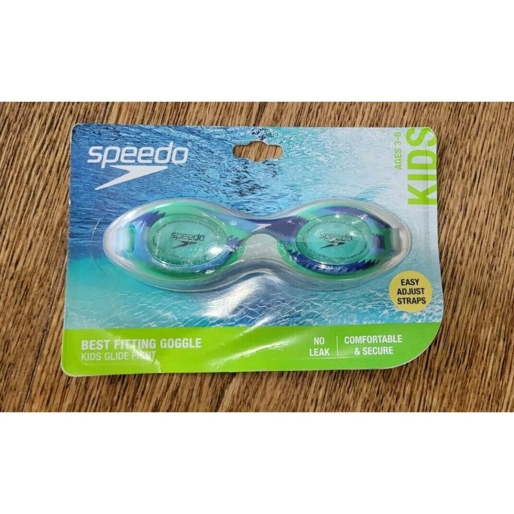 New Sealed Speedo Best Fitting Goggle Kids 3-6 Glide Print Green Blue